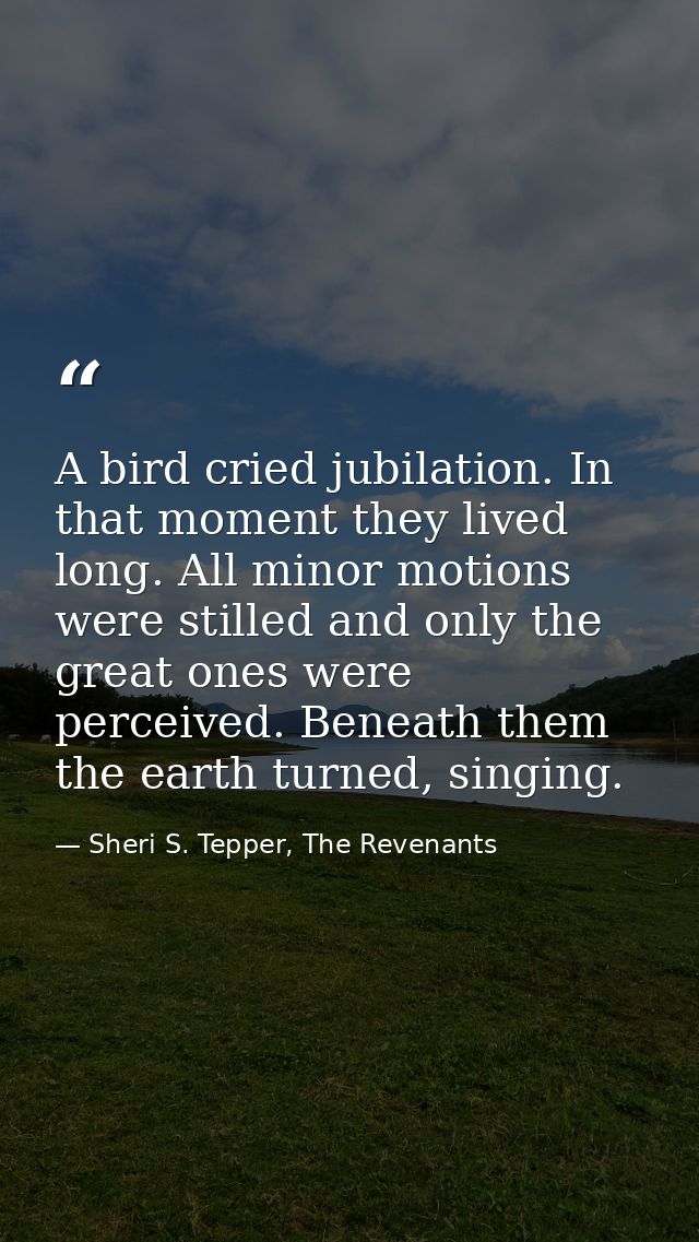 A bird cried jubilation. In that moment they lived long. All minor motions were stilled and only the great ones were per — Sheri S. Tepper, The Revenants