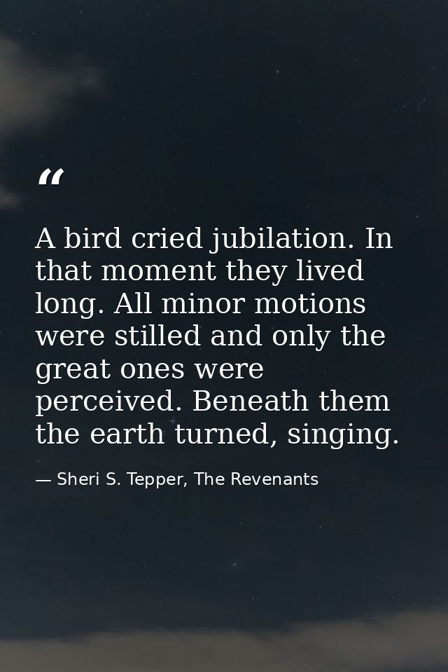 A bird cried jubilation. In that moment they lived long. All minor motions were stilled and only the great ones were per — Sheri S. Tepper, The Revenants