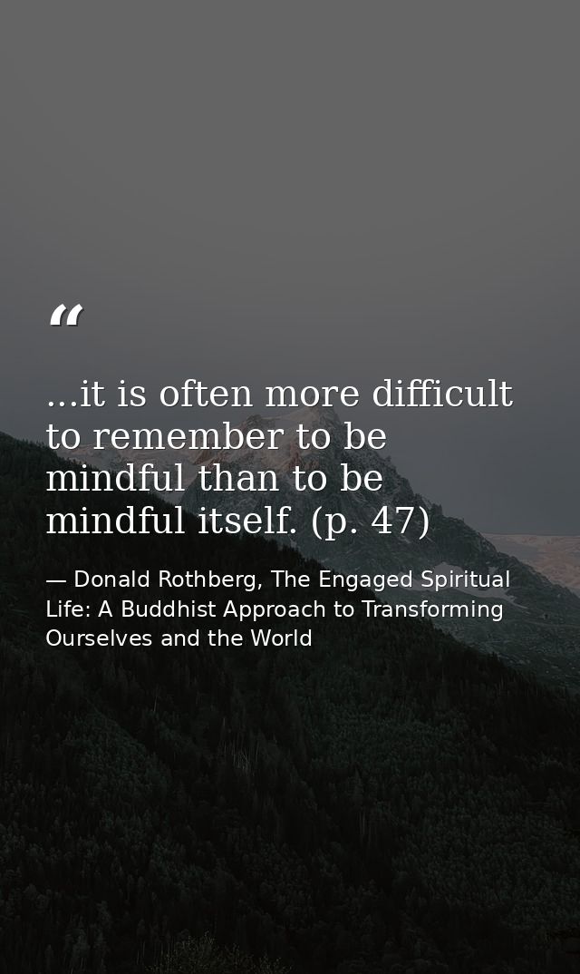 ...it is often more difficult to remember to be mindful than to be mindful itself. (p. 47) — Donald Rothberg, The Engaged Spiritual Life: A Buddhist Approach to Transforming Ourselves and the World