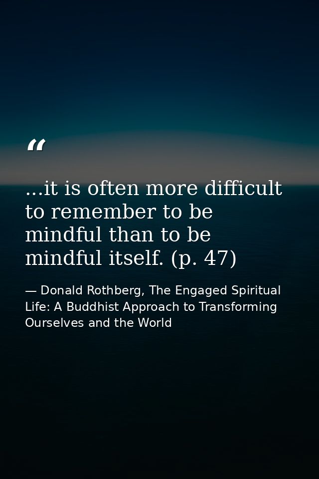 ...it is often more difficult to remember to be mindful than to be mindful itself. (p. 47) — Donald Rothberg, The Engaged Spiritual Life: A Buddhist Approach to Transforming Ourselves and the World