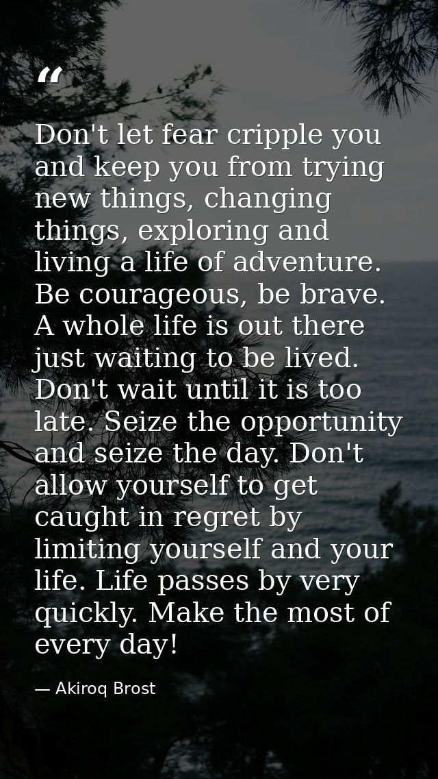 Don't let fear cripple you and keep you from trying new things, changing things, exploring and living a life of adventur — Akiroq Brost
