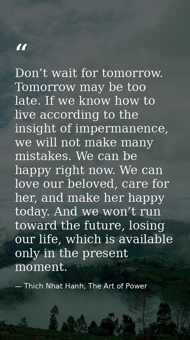 Don’t wait for tomorrow. Tomorrow may be too late. If we know how to live according to the insight of impermanence, we w — Thich Nhat Hanh, The Art of Power