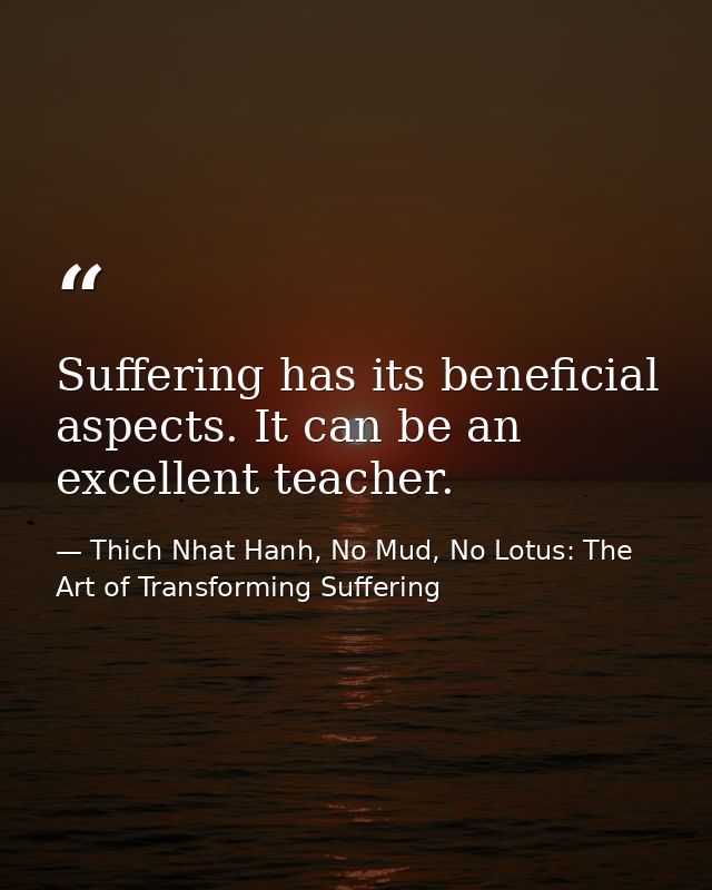 Suffering has its beneficial aspects. It can be an excellent teacher. — Thich Nhat Hanh, No Mud, No Lotus: The Art of Transforming Suffering