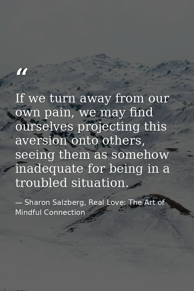 If we turn away from our own pain, we may find ourselves projecting this aversion onto others, seeing them as somehow in — Sharon Salzberg, Real Love: The Art of Mindful Connection