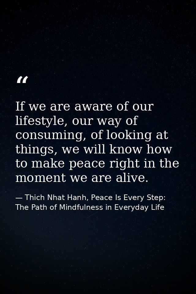If we are aware of our lifestyle, our way of consuming, of looking at things, we will know how to make peace right in th — Thich Nhat Hanh, Peace Is Every Step: The Path of Mindfulness in Everyday Life
