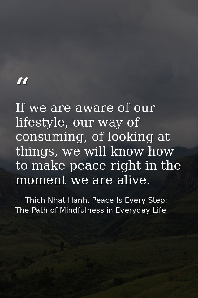 If we are aware of our lifestyle, our way of consuming, of looking at things, we will know how to make peace right in th — Thich Nhat Hanh, Peace Is Every Step: The Path of Mindfulness in Everyday Life