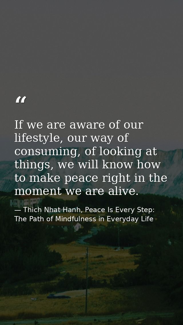 If we are aware of our lifestyle, our way of consuming, of looking at things, we will know how to make peace right in th — Thich Nhat Hanh, Peace Is Every Step: The Path of Mindfulness in Everyday Life