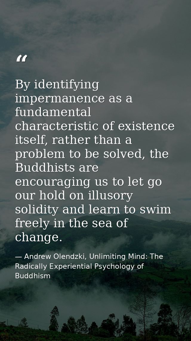 By identifying impermanence as a fundamental characteristic of existence itself, rather than a problem to be solved, the — Andrew Olendzki, Unlimiting Mind: The Radically Experiential Psychology of Buddhism