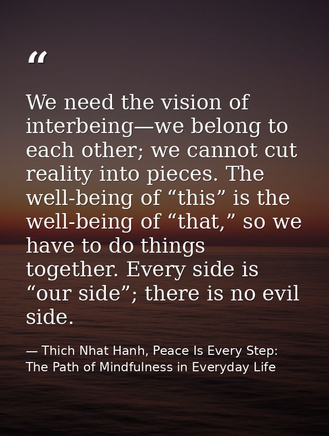 We need the vision of interbeing—we belong to each other; we cannot cut reality into pieces. The well-being of “this” is — Thich Nhat Hanh, Peace Is Every Step: The Path of Mindfulness in Everyday Life