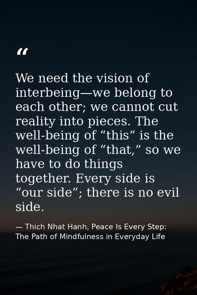 We need the vision of interbeing—we belong to each other; we cannot cut reality into pieces. The well-being of “this” is — Thich Nhat Hanh, Peace Is Every Step: The Path of Mindfulness in Everyday Life