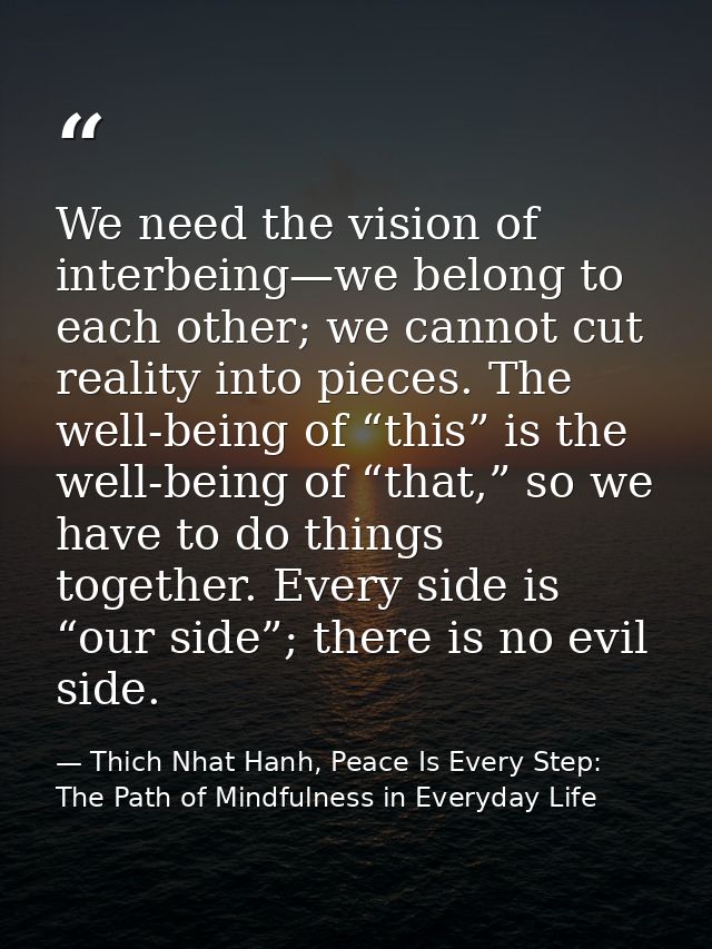 We need the vision of interbeing—we belong to each other; we cannot cut reality into pieces. The well-being of “this” is — Thich Nhat Hanh, Peace Is Every Step: The Path of Mindfulness in Everyday Life