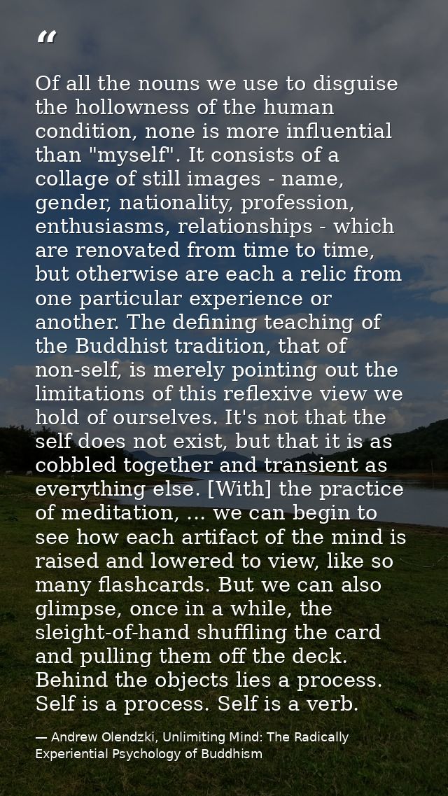 Of all the nouns we use to disguise the hollowness of the human condition, none is more influential than "myself". It co — Andrew Olendzki, Unlimiting Mind: The Radically Experiential Psychology of Buddhism