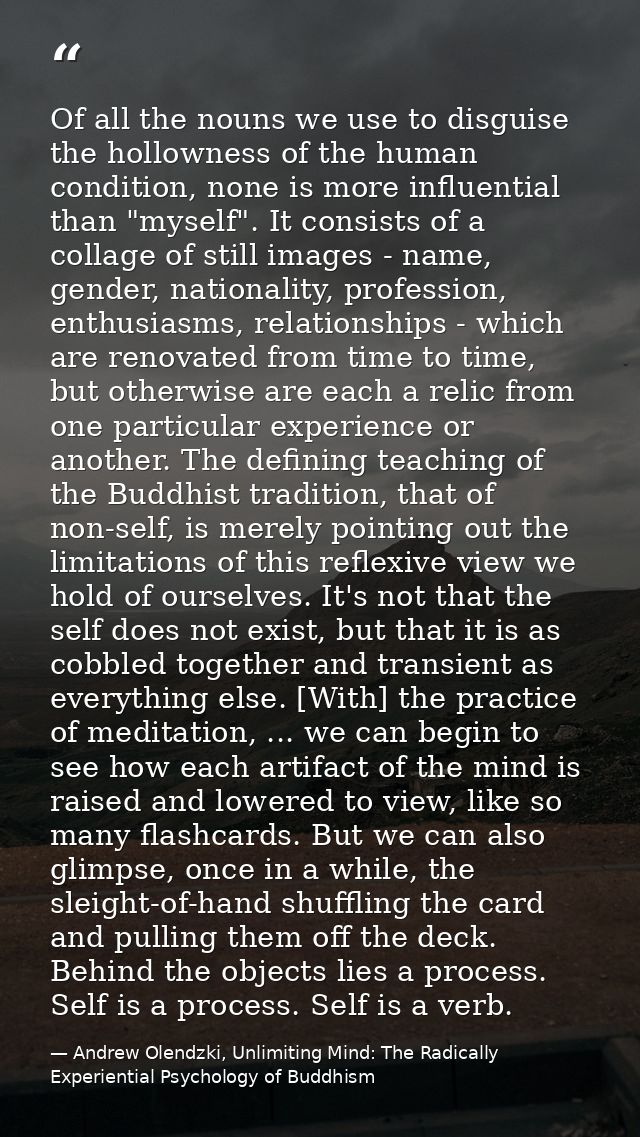 Of all the nouns we use to disguise the hollowness of the human condition, none is more influential than "myself". It co — Andrew Olendzki, Unlimiting Mind: The Radically Experiential Psychology of Buddhism