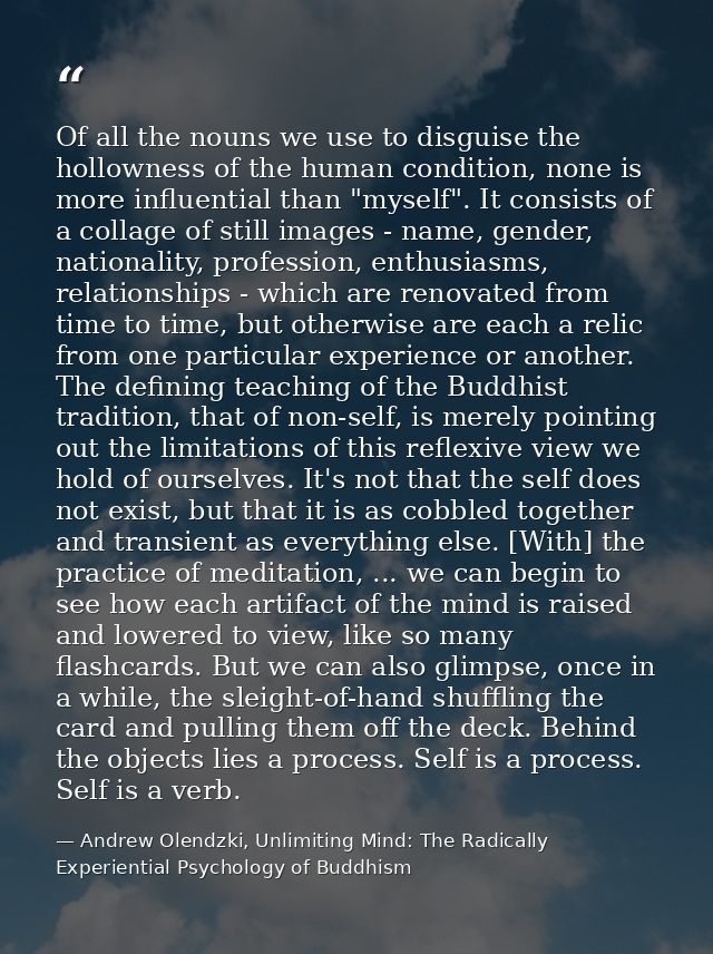 Of all the nouns we use to disguise the hollowness of the human condition, none is more influential than "myself". It co — Andrew Olendzki, Unlimiting Mind: The Radically Experiential Psychology of Buddhism