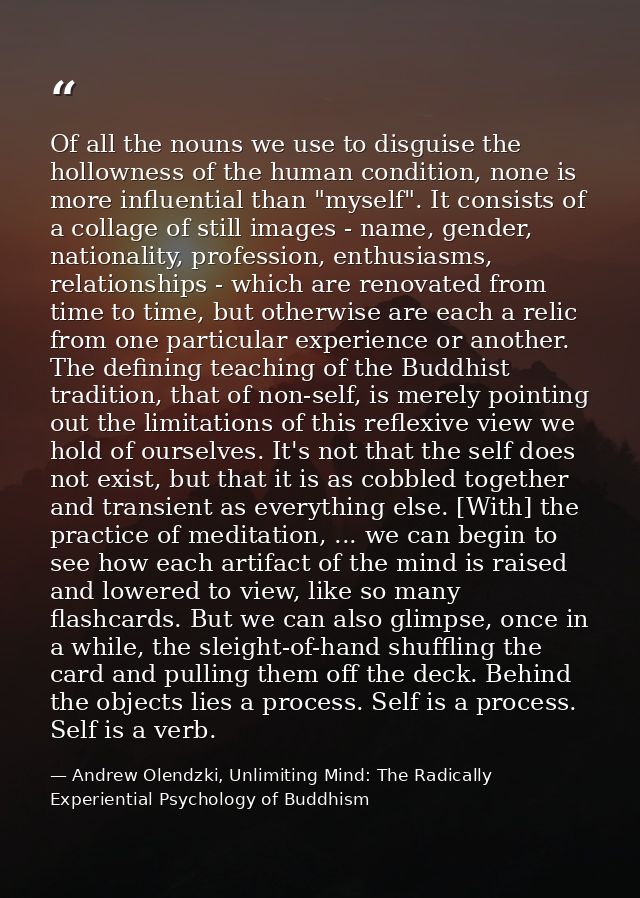Of all the nouns we use to disguise the hollowness of the human condition, none is more influential than "myself". It co — Andrew Olendzki, Unlimiting Mind: The Radically Experiential Psychology of Buddhism