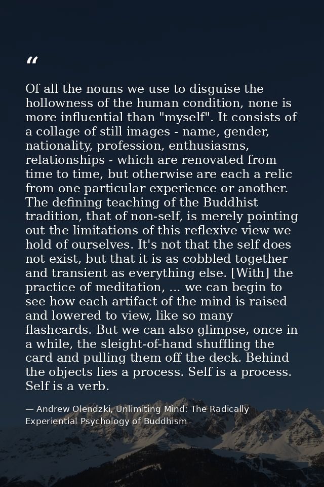 Of all the nouns we use to disguise the hollowness of the human condition, none is more influential than "myself". It co — Andrew Olendzki, Unlimiting Mind: The Radically Experiential Psychology of Buddhism