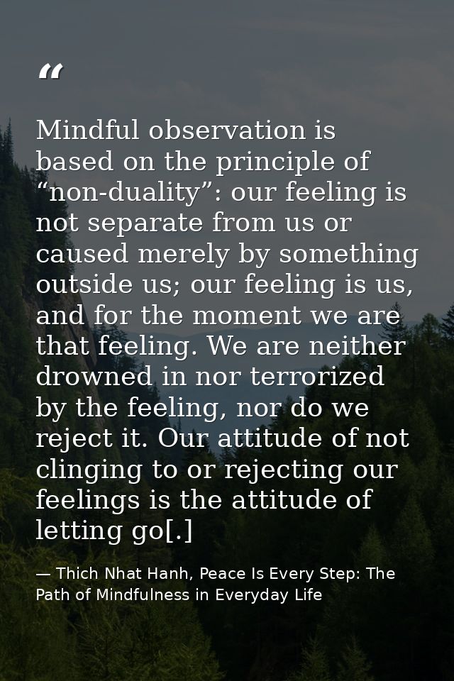 Mindful observation is based on the principle of “non-duality”: our feeling is not separate from us or caused merely by  — Thich Nhat Hanh, Peace Is Every Step: The Path of Mindfulness in Everyday Life