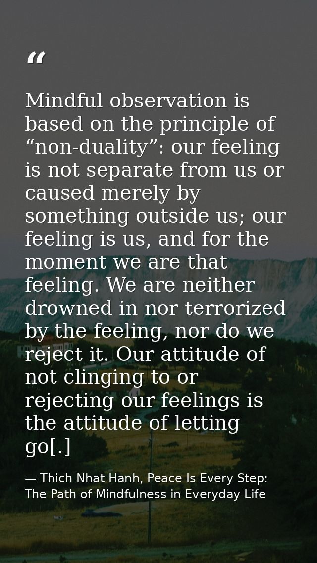 Mindful observation is based on the principle of “non-duality”: our feeling is not separate from us or caused merely by  — Thich Nhat Hanh, Peace Is Every Step: The Path of Mindfulness in Everyday Life