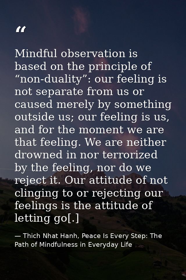Mindful observation is based on the principle of “non-duality”: our feeling is not separate from us or caused merely by  — Thich Nhat Hanh, Peace Is Every Step: The Path of Mindfulness in Everyday Life