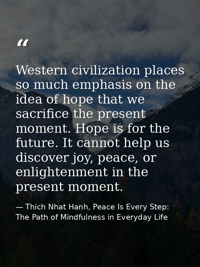 Western civilization places so much emphasis on the idea of hope that we sacrifice the present moment. Hope is for the f — Thich Nhat Hanh, Peace Is Every Step: The Path of Mindfulness in Everyday Life