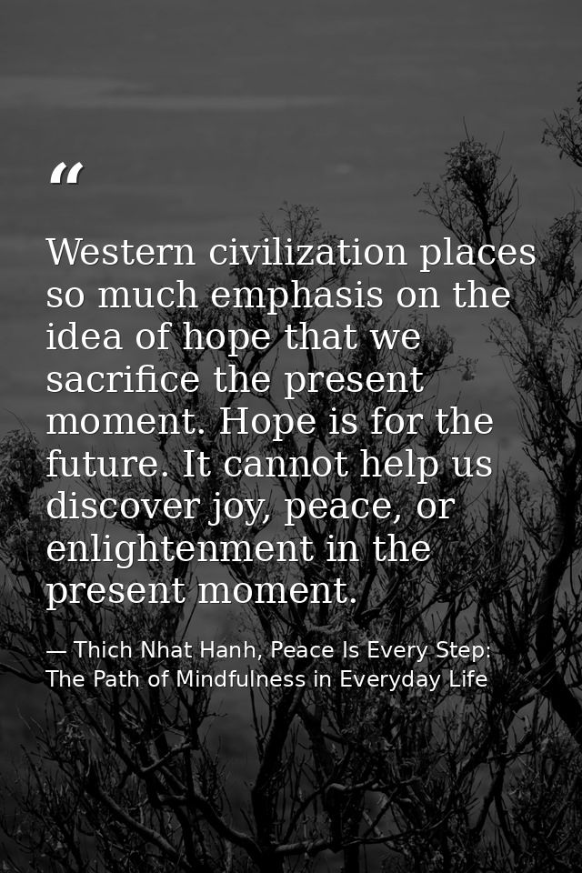 Western civilization places so much emphasis on the idea of hope that we sacrifice the present moment. Hope is for the f — Thich Nhat Hanh, Peace Is Every Step: The Path of Mindfulness in Everyday Life