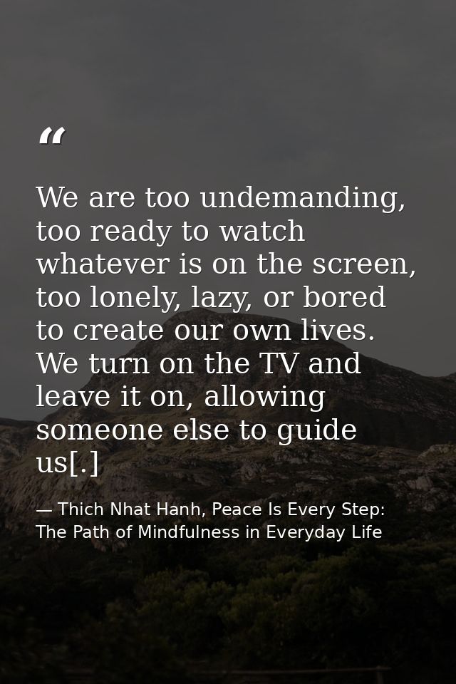 We are too undemanding, too ready to watch whatever is on the screen, too lonely, lazy, or bored to create our own lives — Thich Nhat Hanh, Peace Is Every Step: The Path of Mindfulness in Everyday Life