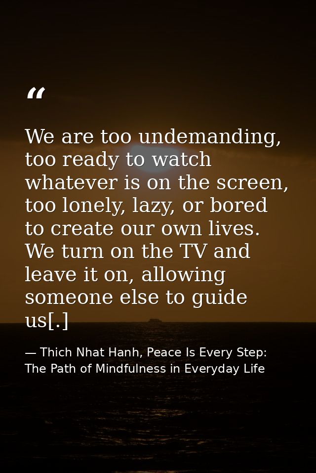 We are too undemanding, too ready to watch whatever is on the screen, too lonely, lazy, or bored to create our own lives — Thich Nhat Hanh, Peace Is Every Step: The Path of Mindfulness in Everyday Life
