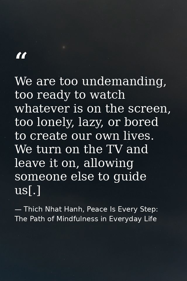 We are too undemanding, too ready to watch whatever is on the screen, too lonely, lazy, or bored to create our own lives — Thich Nhat Hanh, Peace Is Every Step: The Path of Mindfulness in Everyday Life