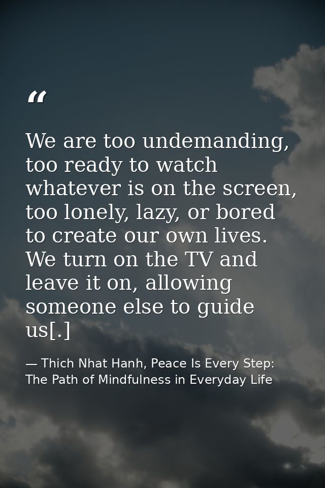 We are too undemanding, too ready to watch whatever is on the screen, too lonely, lazy, or bored to create our own lives — Thich Nhat Hanh, Peace Is Every Step: The Path of Mindfulness in Everyday Life