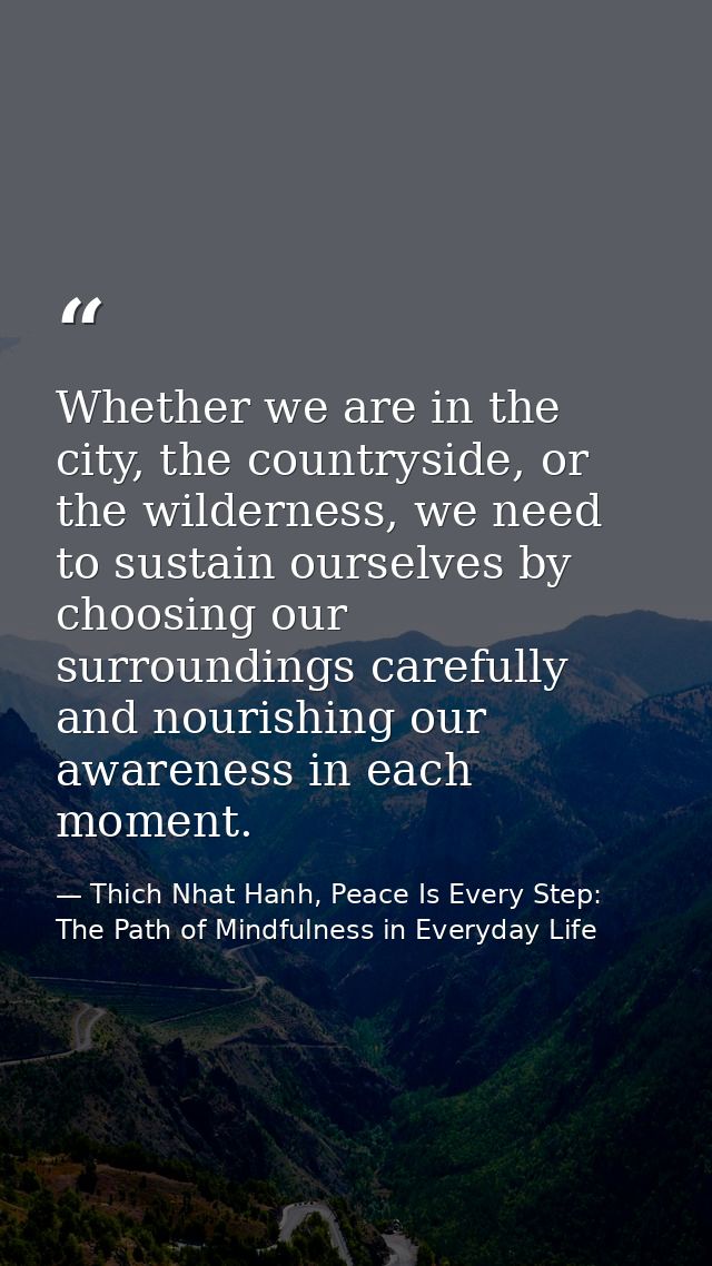 Whether we are in the city, the countryside, or the wilderness, we need to sustain ourselves by choosing our surrounding — Thich Nhat Hanh, Peace Is Every Step: The Path of Mindfulness in Everyday Life