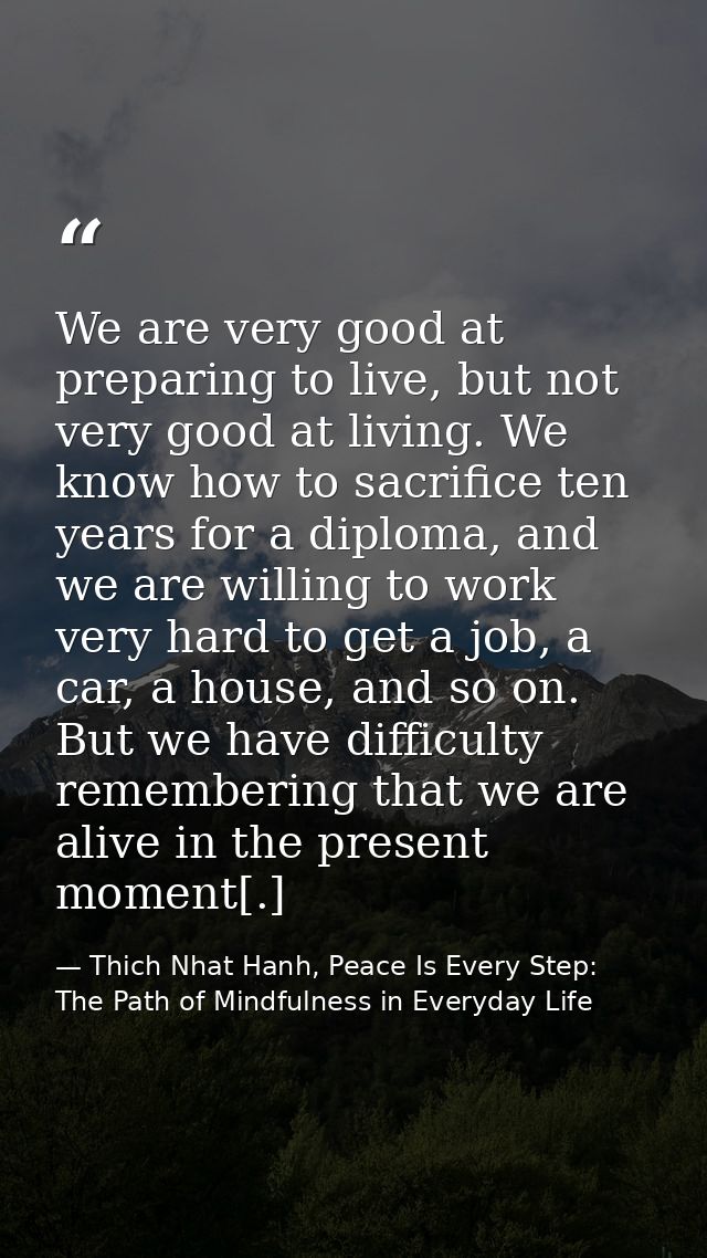 We are very good at preparing to live, but not very good at living. We know how to sacrifice ten years for a diploma, an — Thich Nhat Hanh, Peace Is Every Step: The Path of Mindfulness in Everyday Life
