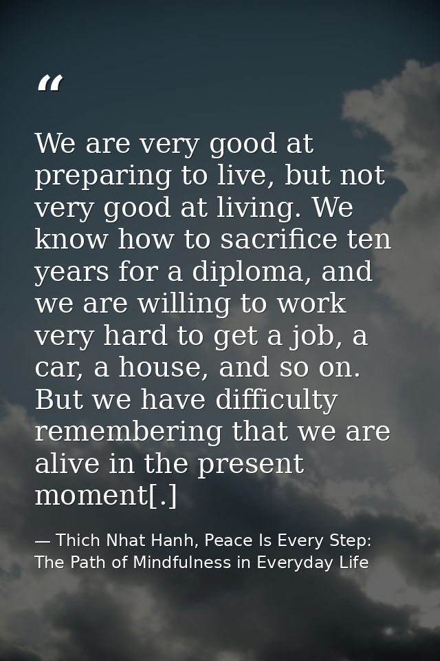 We are very good at preparing to live, but not very good at living. We know how to sacrifice ten years for a diploma, an — Thich Nhat Hanh, Peace Is Every Step: The Path of Mindfulness in Everyday Life