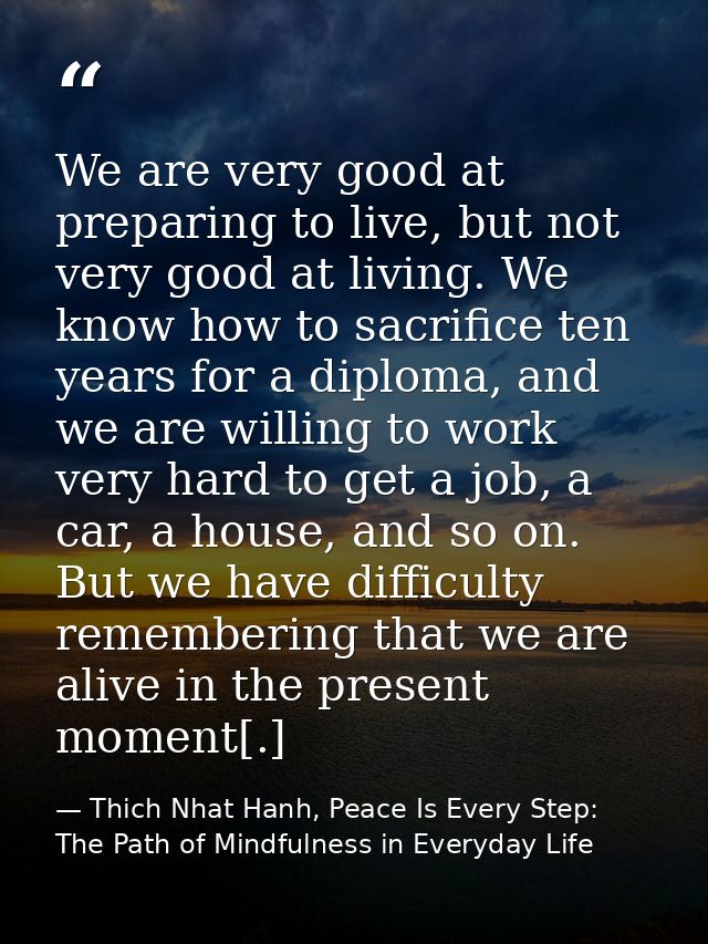 We are very good at preparing to live, but not very good at living. We know how to sacrifice ten years for a diploma, an — Thich Nhat Hanh, Peace Is Every Step: The Path of Mindfulness in Everyday Life