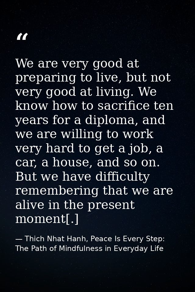 We are very good at preparing to live, but not very good at living. We know how to sacrifice ten years for a diploma, an — Thich Nhat Hanh, Peace Is Every Step: The Path of Mindfulness in Everyday Life