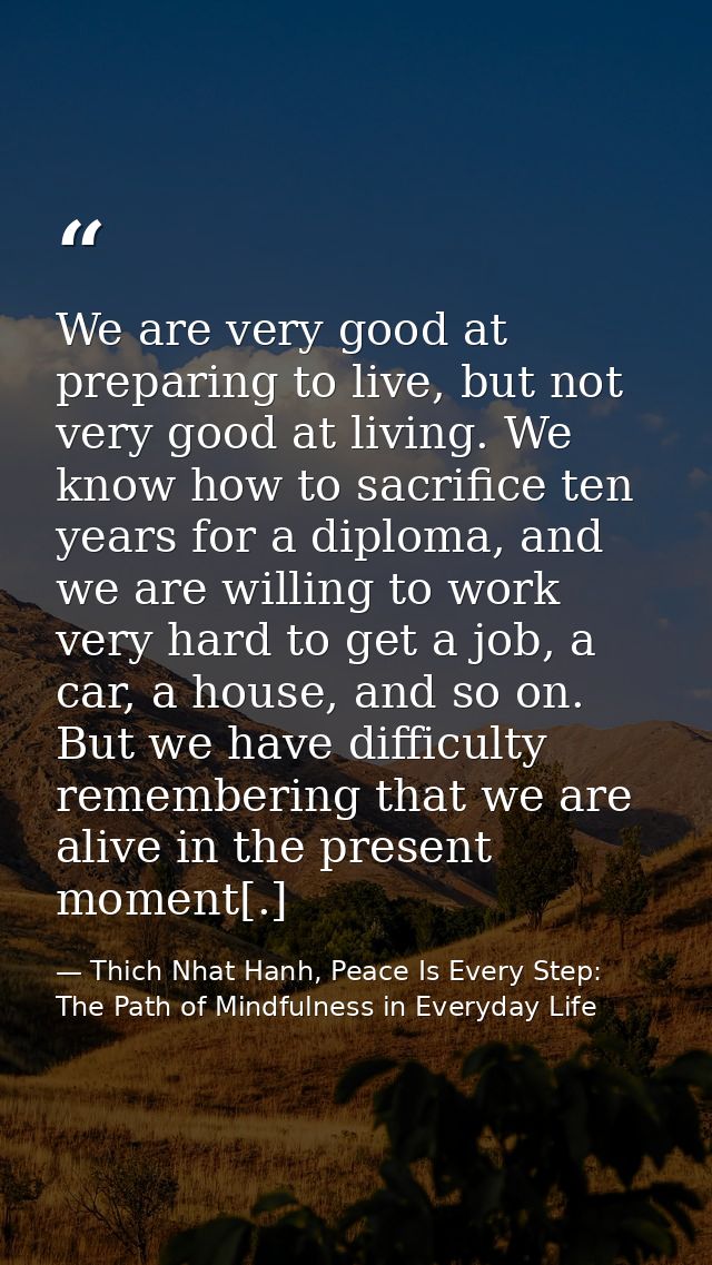 We are very good at preparing to live, but not very good at living. We know how to sacrifice ten years for a diploma, an — Thich Nhat Hanh, Peace Is Every Step: The Path of Mindfulness in Everyday Life
