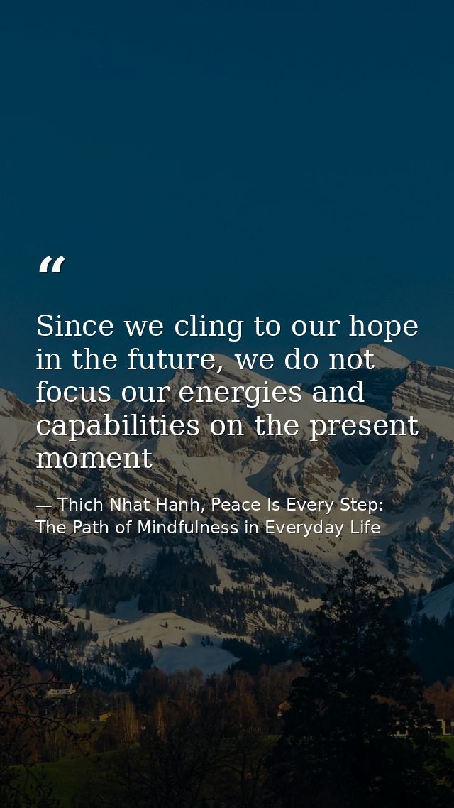 Since we cling to our hope in the future, we do not focus our energies and capabilities on the present moment — Thich Nhat Hanh, Peace Is Every Step: The Path of Mindfulness in Everyday Life