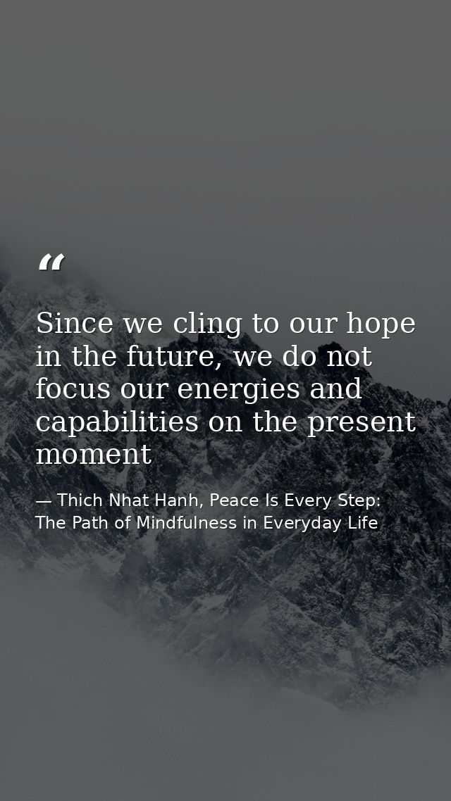 Since we cling to our hope in the future, we do not focus our energies and capabilities on the present moment — Thich Nhat Hanh, Peace Is Every Step: The Path of Mindfulness in Everyday Life