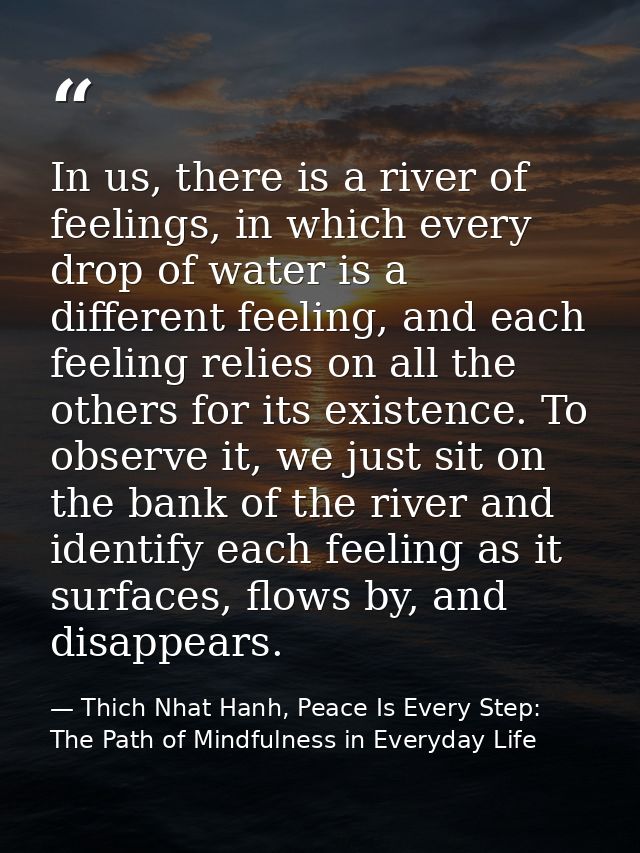 In us, there is a river of feelings, in which every drop of water is a different feeling, and each feeling relies on all — Thich Nhat Hanh, Peace Is Every Step: The Path of Mindfulness in Everyday Life