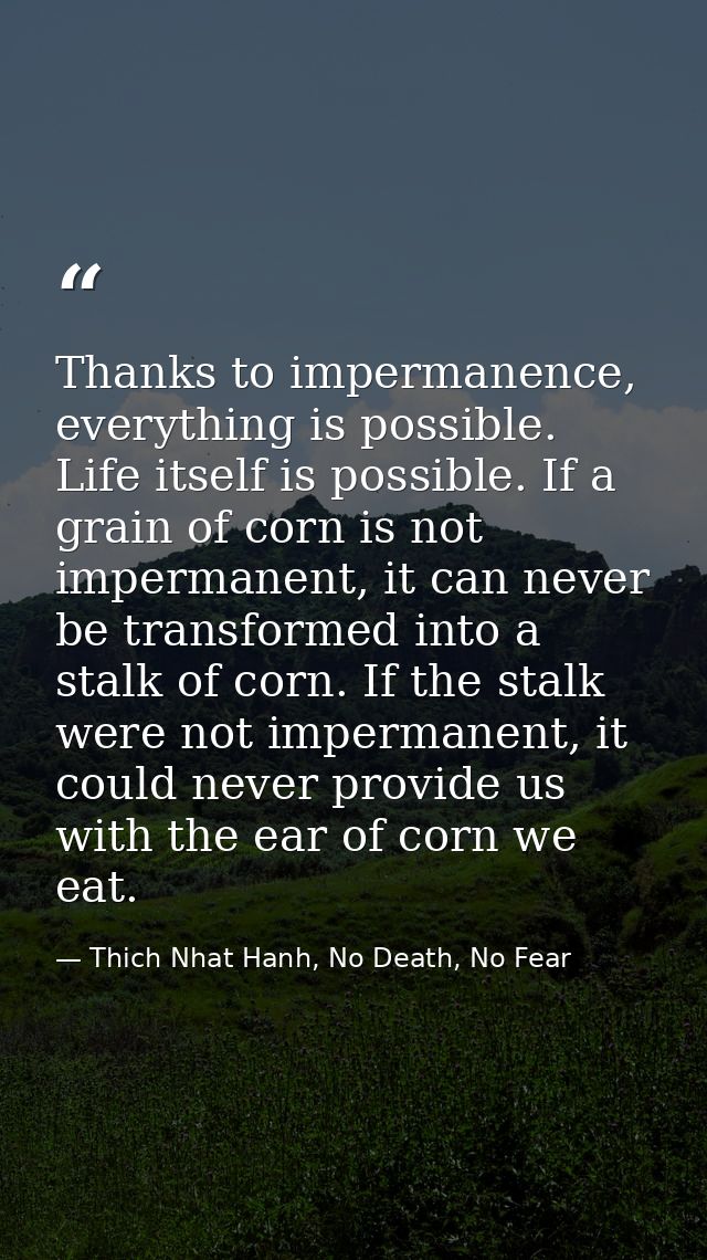 Thanks to impermanence, everything is possible. Life itself is possible. If a grain of corn is not impermanent, it can n — Thich Nhat Hanh, No Death, No Fear