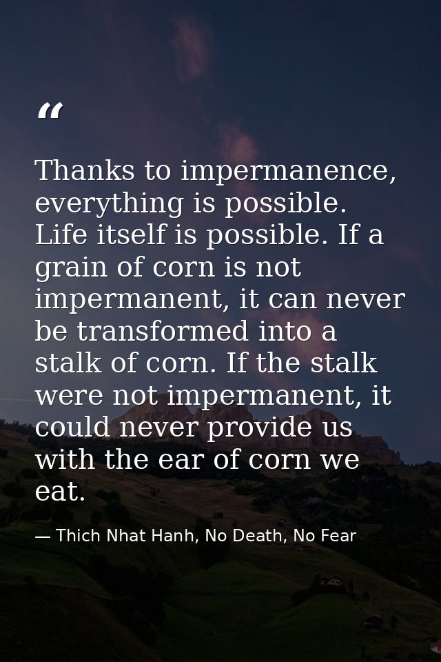 Thanks to impermanence, everything is possible. Life itself is possible. If a grain of corn is not impermanent, it can n — Thich Nhat Hanh, No Death, No Fear