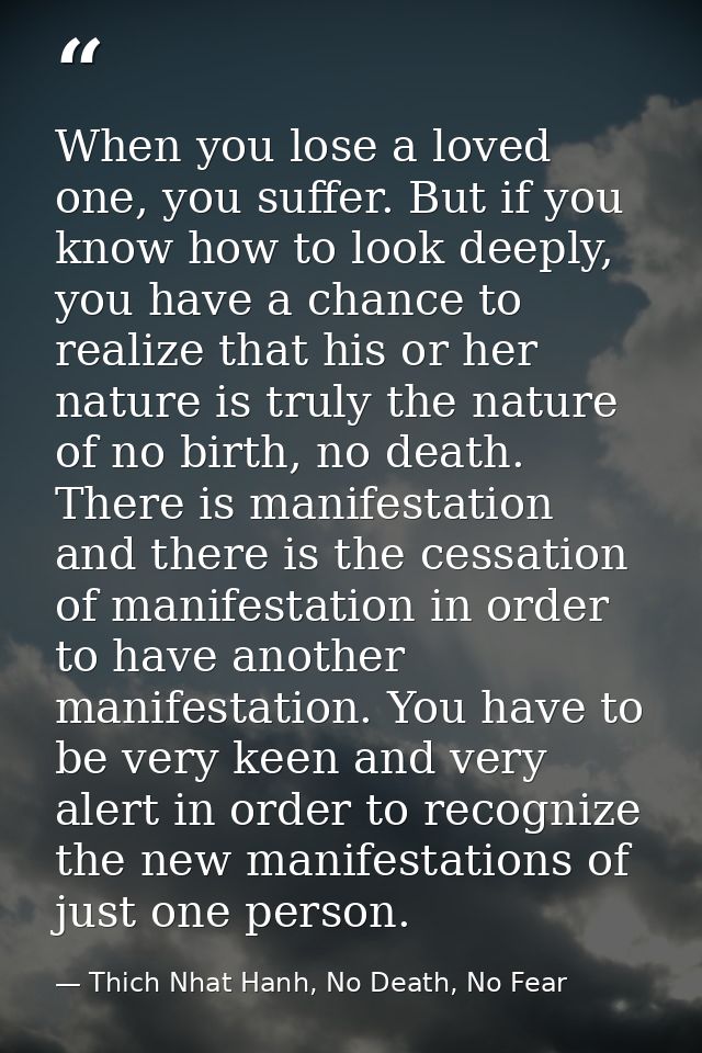 When you lose a loved one, you suffer. But if you know how to look deeply, you have a chance to realize that his or her  — Thich Nhat Hanh, No Death, No Fear