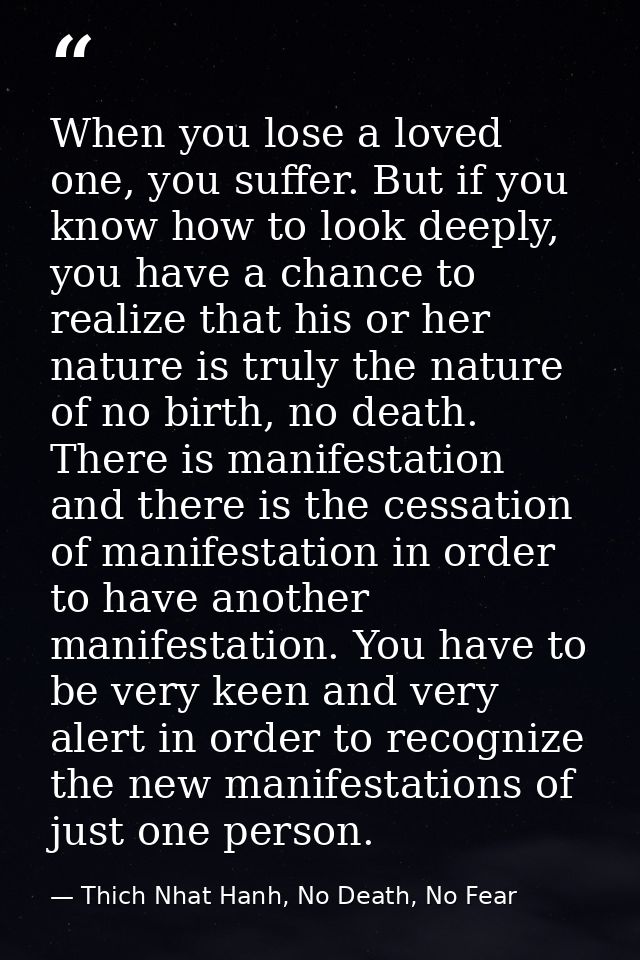 When you lose a loved one, you suffer. But if you know how to look deeply, you have a chance to realize that his or her  — Thich Nhat Hanh, No Death, No Fear