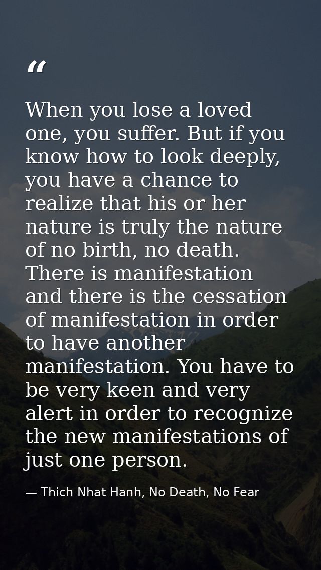 When you lose a loved one, you suffer. But if you know how to look deeply, you have a chance to realize that his or her  — Thich Nhat Hanh, No Death, No Fear