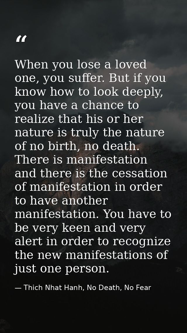 When you lose a loved one, you suffer. But if you know how to look deeply, you have a chance to realize that his or her  — Thich Nhat Hanh, No Death, No Fear