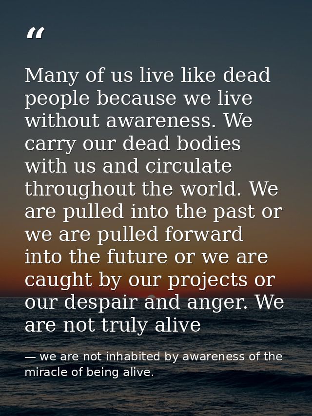 Many of us live like dead people because we live without awareness. We carry our dead bodies with us and circulate throu — we are not inhabited by awareness of the miracle of being alive.