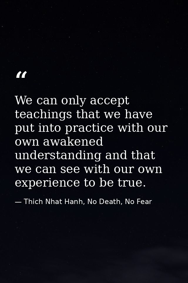 We can only accept teachings that we have put into practice with our own awakened understanding and that we can see with — Thich Nhat Hanh, No Death, No Fear