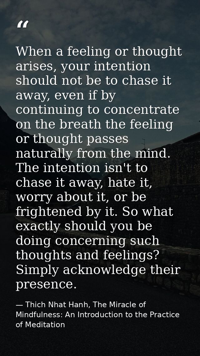 When a feeling or thought arises, your intention should not be to chase it away, even if by continuing to concentrate on — Thich Nhat Hanh, The Miracle of Mindfulness: An Introduction to the Practice of Meditation