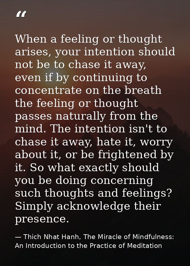 When a feeling or thought arises, your intention should not be to chase it away, even if by continuing to concentrate on — Thich Nhat Hanh, The Miracle of Mindfulness: An Introduction to the Practice of Meditation