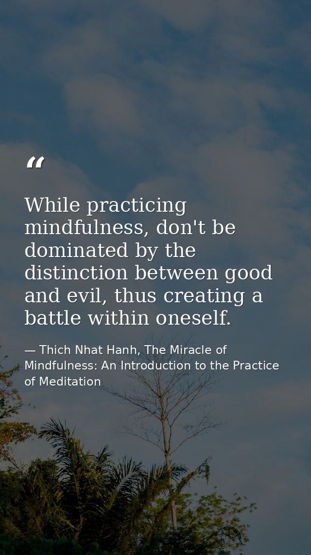 While practicing mindfulness, don't be dominated by the distinction between good and evil, thus creating a battle within — Thich Nhat Hanh, The Miracle of Mindfulness: An Introduction to the Practice of Meditation