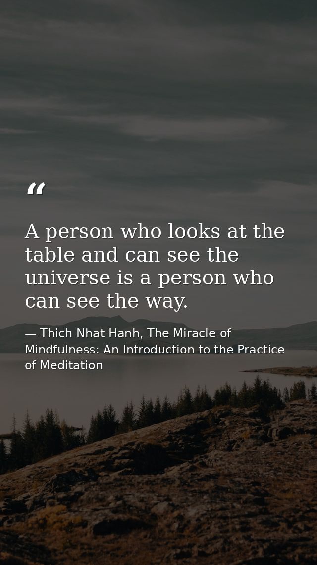 A person who looks at the table and can see the universe is a person who can see the way. — Thich Nhat Hanh, The Miracle of Mindfulness: An Introduction to the Practice of Meditation
